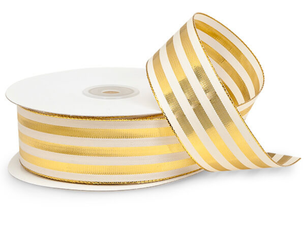 Listón Rayas Blanco y Dorado Metálico