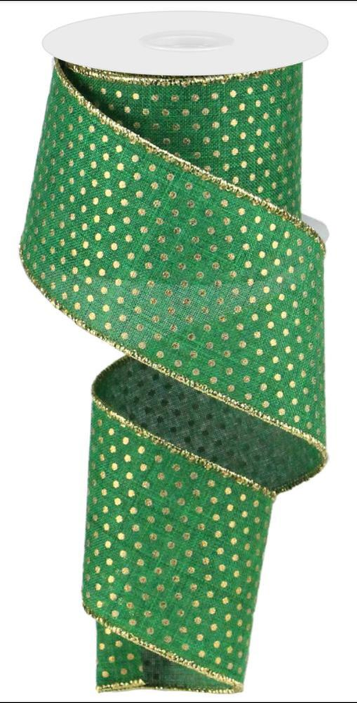 Liston Navideno Verde Con Puntos Dorados Chico Puntos Dorados Christmas Ribbons Wired Alambre Orilla - (2.5" x 10 yardas)
