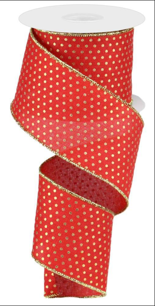 Liston Navideno Rojo Con Puntos Dorados Grande Liston Navideno - (2.5" x 10 yardas)