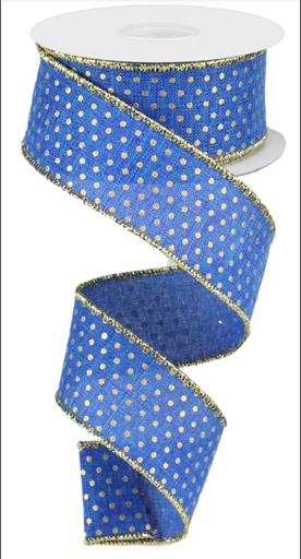 [liston-navideno-azul-rey-con-puntos-dorados-navidad-liston-regalo-listones-alambre-orilla-yute-christmas-ribbons] Liston Navideno Azul Rey Con Puntos Dorados Navidad Liston Regalo Listones Alambre Orilla Yute Christmas Ribbons - (1.5" x 10 yardas)